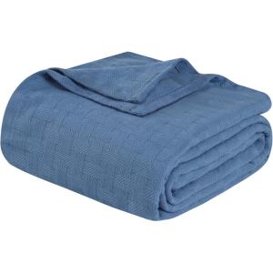 Superior Basketweave Cotton Blanket, Basket Weave Design, Soft, Comfy Cover for Bed, Bedding, Bedroom, Couch Throw, Lounging, Modern Boho Medium Weighted Blankets, Throw Size, Gold(Denim Blue)