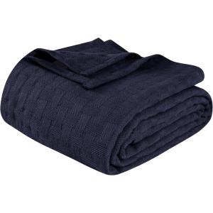 Superior Basketweave Cotton Blanket, Basket Weave Design, Soft, Comfy Cover for Bed, Bedding, Bedroom, Couch Throw, Lounging, Modern Boho Medium Weighted Blankets, Throw Size, Gold(Navy Blue)