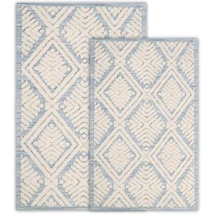 Superior Bath Rug Set, Small Area Rugs for Bathroom, Kitchen Decor, Machine Washable, Non-Slip Bathmat Rug, High-Low Jacquard Mat, Geometric Diamond Accent, Brou Collection, Set of 2, Medium, Ivory(Blue – Cton)