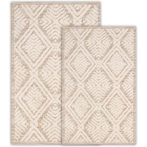 Superior Bath Rug Set, Small Area Rugs for Bathroom, Kitchen Decor, Machine Washable, Non-Slip Bathmat Rug, High-Low Jacquard Mat, Geometric Diamond Accent, Brou Collection, Set of 2, Medium, Ivory(Beige – Cton)
