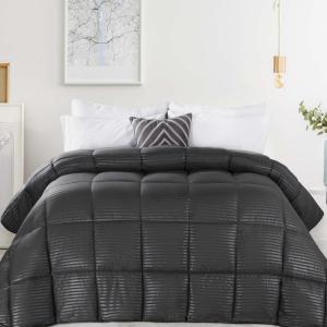 Superior Brushed Microfiber 1 cm Striped Comforter, Down Alternative Bedding, Reversible, Medium Weight, Fluffy, Decorative, Plush Duvet Insert, Oversized Blanket, Box Quilt Design, Full/Queen, Black(Charcoal)