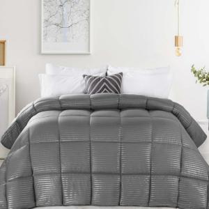 Superior Brushed Microfiber 1 cm Striped Comforter, Down Alternative Bedding, Reversible, Medium Weight, Fluffy, Decorative, Plush Duvet Insert, Oversized Blanket, Box Quilt Design, Full/Queen, Black(Silver)