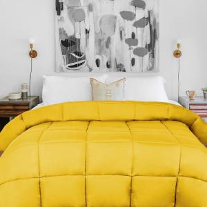 Superior Brushed Microfiber Solid Comforter, Down Alternative Bedding, Reversible, Medium Weight, Fluffy, Decorative, Duvet Insert, Oversized Blanket, Box Quilt Design, King, Winter Blue(Yellow)