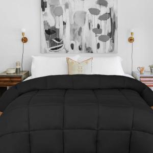 Superior Brushed Microfiber Solid Comforter, Down Alternative Bedding, Reversible, Medium Weight, Fluffy, Decorative, Duvet Insert, Oversized Blanket, Box Quilt Design, King, Winter Blue(Black)