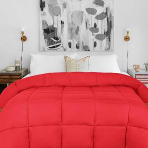 Superior Brushed Microfiber Solid Comforter, Down Alternative Bedding, Reversible, Medium Weight, Fluffy, Decorative, Duvet Insert, Oversized Blanket, Box Quilt Design, King, Winter Blue(Red)
