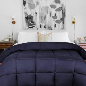 Superior Brushed Microfiber Solid Comforter, Down Alternative Bedding, Reversible, Medium Weight, Fluffy, Decorative, Duvet Insert, Oversized Blanket, Box Quilt Design, King, Winter Blue(Navy Blue)