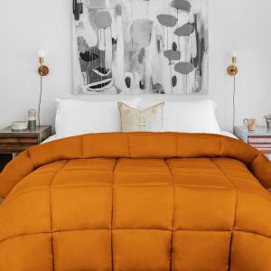 Superior Brushed Microfiber Solid Comforter, Down Alternative Bedding, Reversible, Medium Weight, Fluffy, Decorative, Duvet Insert, Oversized Blanket, Box Quilt Design, King, Winter Blue(Dusty Orange)