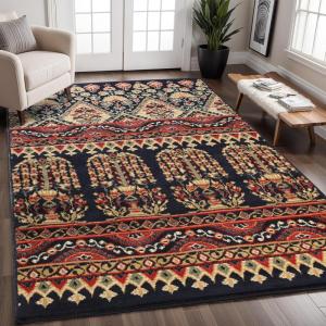Superior Contemporary Eclectic Geometric Abstract Floral Power-Loomed Indoor Area Rug, 5′ Round, Black(Multi-color)