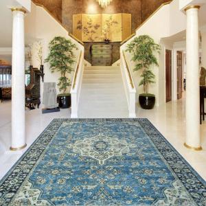 Superior Damask Medallion Washable Rug, Cotton Backing, Pet & Kid Friendly, Easy Care, Classic Rugs for Dining, Living Room, Kitchen, Bedroom, Low Pile Area Rug, Jay Collection, 7′ x 10′, Blue(Jay – Blue)