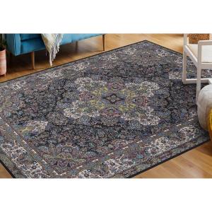 Superior Damask Medallion Washable Rug, Cotton Backing, Pet & Kid Friendly, Easy Care, Classic Rugs for Dining, Living Room, Kitchen, Bedroom, Low Pile Area Rug, Jay Collection, 7′ x 10′, Blue(Flamingo – Black)