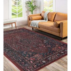 Superior Damask Medallion Washable Rug, Cotton Backing, Pet & Kid Friendly, Easy Care, Classic Rugs for Dining, Living Room, Kitchen, Bedroom, Low Pile Area Rug, Jay Collection, 7′ x 10′, Blue(Red)