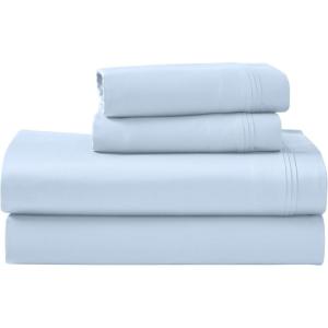 Superior Egyptian Cotton 4 Piece Sheet Set, Luxury 1000 Thread Count, Modern Design, Sustainable Sheets, Soft Basics, Solid, Deep Pocket Fitted Sheet, Flat Sheet, Pillowcases, Olympic Queen, White(Light Blue)