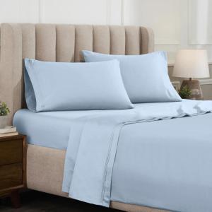 Superior Egyptian Cotton 4 Piece Sheet Set, Luxury 1000 Thread Count, Modern Design, Sustainable Sheets, Soft Basics, Solid, Deep Pocket Fitted Sheet, Flat Sheet, Pillowcases, Olympic Queen, White(Light Blue – Z)
