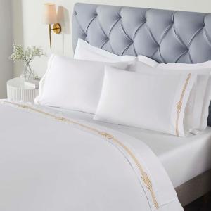 Superior Embroidered Cotton Bed Sheet Set, 1 Elastic Deep Pocket Fitted Sheet, 1 Flat Sheet, 2 Pillowcases, Daily Soft Sheets, Luxury, Elegant Design, Moonlawn Collection, Queen, White-Gold(White – Gold Ml)