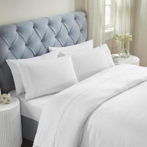 Superior Embroidered Cotton Bed Sheet Set, 1 Elastic Deep Pocket Fitted Sheet, 1 Flat Sheet, 2 Pillowcases, Daily Soft Sheets, Luxury, Elegant Design, Moonlawn Collection, Queen, White-Gold(White-white)