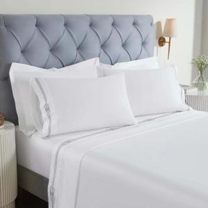 Superior Embroidered Cotton Bed Sheet Set, 1 Elastic Deep Pocket Fitted Sheet, 1 Flat Sheet, 2 Pillowcases, Daily Soft Sheets, Luxury, Elegant Design, Moonlawn Collection, Queen, White-Gold(White-silver)