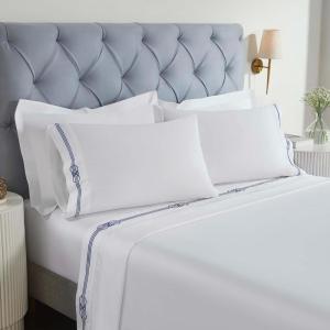 Superior Embroidered Cotton Bed Sheet Set, 1 Elastic Deep Pocket Fitted Sheet, 1 Flat Sheet, 2 Pillowcases, Daily Soft Sheets, Luxury, Elegant Design, Moonlawn Collection, Queen, White-Gold(White-navy Blue)