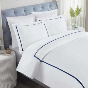 Superior Embroidered Cotton Duvet Cover Set, Soft Bedding Covers, 1 Duvet Cover with Button Closure, 2 Pillow Shams, Cotton Cross-Stitch Design, Riverton Collection, Full/Queen, White(White-navy Blue)