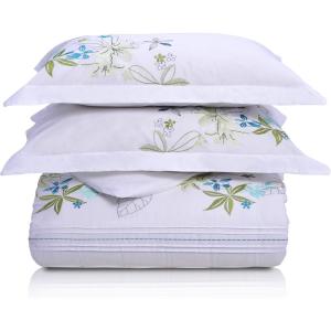 Superior Embroidered Cotton Duvet Cover Set, Soft Bedding Covers, 1 Duvet Cover with Button Closure, 2 Pillow Shams, Two-Line Design, Spring Blooms Collection, King/California King, White(White)