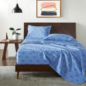 Superior Extra Soft All Season 100% Brushed Cotton Flannel Solid Bedding Sheet Set with Deep Pockets Fitted Sheet – Navy Blue, King Size(Light Blue Trellis)