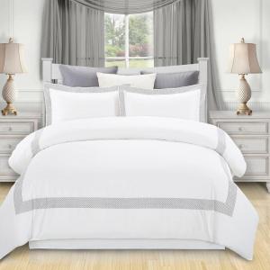 Superior Glenmont Cotton 200 Thread Count Duvet Cover Set, Soft Comforter Covers, Bedroom Essentials, Embroidered Geometric Border, Includes 1 Duvet Cover- Button Closure, 2 Pillow Shams, Full/Queen(Full/Queen)
