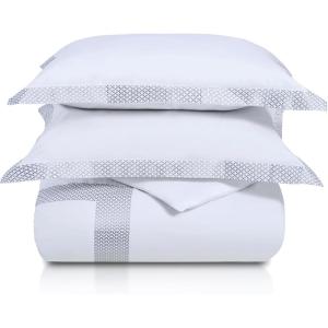Superior Glenmont Cotton 200 Thread Count Duvet Cover Set, Soft Comforter Covers, Bedroom Essentials, Embroidered Geometric Border, Includes 1 Duvet Cover- Button Closure, 2 Pillow Shams, Full/Queen(King/California King)