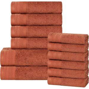 Superior Honeycomb 100% Cotton 500 GSM 12 Piece Bath Towel Set, 6 Washcloths, 4 Hand, 2 Bath Towels, Ideal for Bathroom, Kitchen or Beach, Quick Dry, Jacquard and Solid, Mid-Weight, Navy Peony(Rust)