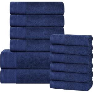 Superior Honeycomb 100% Cotton 500 GSM 12 Piece Bath Towel Set, 6 Washcloths, 4 Hand, 2 Bath Towels, Ideal for Bathroom, Kitchen or Beach, Quick Dry, Jacquard and Solid, Mid-Weight, Navy Peony(Navy Peony)