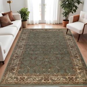 Superior Indoor Area Rug, Jute Backed Rugs for Bedroom, Living/Dining Room, Office, Entryway, Hallway, Kitchen, Traditional Floral Scroll Floor Decor, Heritage Collection, Ivory, 5′ x 5′ Square(Dark Green)