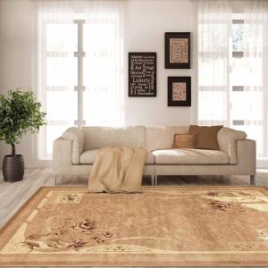 Superior Indoor Area Rug, Jute Backing, Modern Bohemian Oversized Floral Scroll, Ideal for Entryway, Living Room, Kitchen, Bedroom, Hallway, Floor Cover, Rosette Collection, 5′ x 8′, Taupe(Brown)