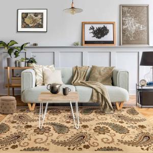 Superior Indoor Area Rug, Jute Backing, Modern Bohemian Oversized Floral Scroll, Ideal for Entryway, Living Room, Kitchen, Bedroom, Hallway, Floor Cover, Rosette Collection, 5′ x 8′, Taupe(Beige)