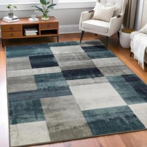 Superior Indoor Area Rug, Jute Backing, Modern Plush Rugs for Entryway, Kitchen Floors, Office Floor Cover, Color Block Rugs, Clifton Collection, 4′ x 6′, Beige/Blue(Rivulet – Z)