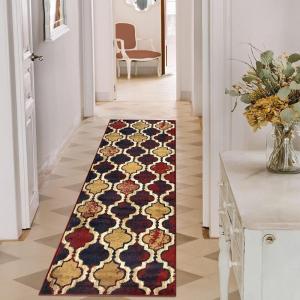 Superior Indoor Area Rug, Jute Backing, Modern Plush Rugs for Hallway, Living, Dining Room, Office, Kitchen, Geometric Trellis Floor Decor, Viking Collection, 8′ x 8′, Ivory(Red Blue – Z)