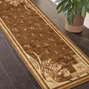 Superior Indoor Area Rug, Jute Backing, Plush Modern Farmhouse Rug for Entryway, Living Room, Kitchen Floors, Bedroom, Soft Floral Scroll Rugs, Rinceau Collection, 5′ x 8′, Brown Ivory(Ruban – Mocha)