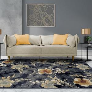 Superior Indoor Area Rug, Jute Backing, Traditional Medallion Rugs for Entry, Kitchen Floors, Plush Floor Cover, Floral Scroll Border Rug, Kensington Collection, 3′ x 5′, Brown(Blue Brown)