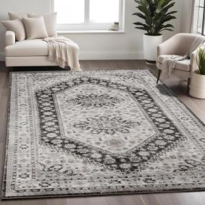 Superior Indoor Area Rug, Jute Backing, Traditional Medallion Rugs for Entry, Kitchen Floors, Plush Floor Cover, Floral Scroll Border Rug, Kensington Collection, 3′ x 5′, Brown(Layl – Beige Brown)