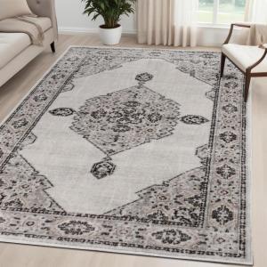 Superior Indoor Area Rug, Jute Backing, Traditional Medallion Rugs for Entry, Kitchen Floors, Plush Floor Cover, Floral Scroll Border Rug, Kensington Collection, 3′ x 5′, Brown(Grey Ivory – Z)