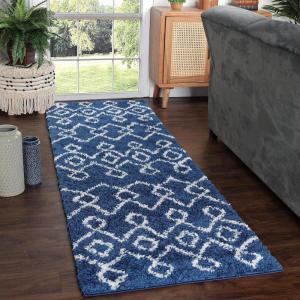 Superior Indoor Area Rug Perfect for Bedroom, Laundry Room, Entryway, Office, Playroom, Nursery, Fluffy Carpet Cover, Modern Geometric Diamond Lattice Shag Flor Collection, 2′ 7″ x 8′, Ivory Black(Alia Blue Beige)