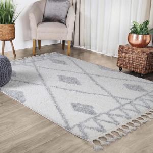 Superior Indoor Area Rug Perfect for Bedroom, Laundry Room, Office, Playroom, Nursery, Fluffy Carpet Cover, Modern Geometric Diamond Lattice Shag Rhea Collection, 2′ 7″ x 8′, Light Grey & Ivory(Ivory Grey)