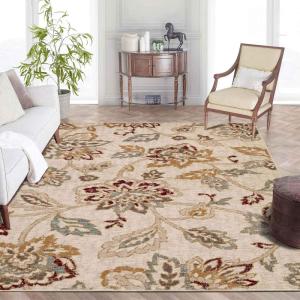 Superior Indoor Large Area Rug for Hallways, Entry, Office, Living/Bedroom, Hardwood, Tile, Floor Cover, Carpet Cover, Modern Farmhouse Floral Decor, Jacobean Collection, 2′ 7″ x 8′, Beige Brown(Stone)