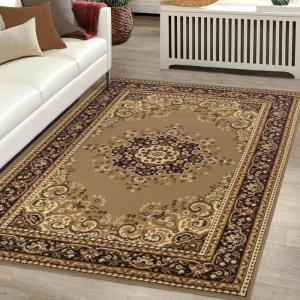 Superior Indoor Large Area Rug with Jute Backing, Floor Decor for Bedroom, Farmhouse, Kitchen, Office, Living Room, Woven Rugs, Elegant Medallion Border, Leopold Collection, 6′ x 9′, Brown