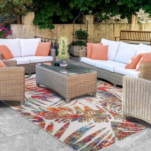 Superior Indoor Outdoor Area Rug, Floor Decor Perfect for Patio, Pool, Deck, Kitchen, Entryway, Tropical Leaves Coastal Style Rug, Siesta Collection, 6′ x 8′ 10″, Grey(Cream – Z)