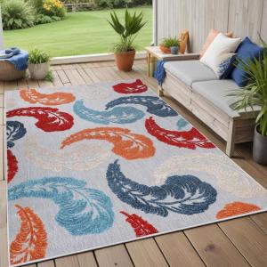 Superior Indoor Outdoor Area Rug, Floor Decor Perfect for Patio, Pool, Deck, Kitchen, Entryway, Tropical Leaves Coastal Style Rug, Siesta Collection, 6′ x 8′ 10″, Grey(Multi Color)