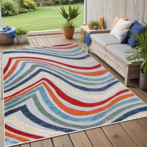 Superior Indoor Outdoor Area Rug, for Patio, Poolside, Backyard, Playroom, Kitchen, Dining Room, Entryway, Mudroom, Coastal Striped Floor Cover, Wave Collection, 5′ 6″ x 8′, Multicolor