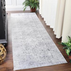 Superior Large Indoor Runner Rug, Modern Floor Decor, Living/Dining Room, Kitchen, Office, Entry, Distressed Floral, Geometric Medallion, Cotton Backing, Huda Collection, 2′ 6″ x 7′ 6″, Charcoal(Charcoal 01)