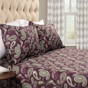 Superior Premium Cotton Flannel Sheets, All Season 100% Brushed Cotton Flannel Bedding, 4-Piece Sheet Set with Deep Fitting Pockets – Grey Paisley, Queen Bed(Purple)