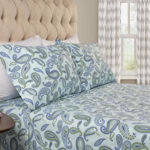 Superior Premium Cotton Flannel Sheets, All Season 100% Brushed Cotton Flannel Bedding, 4-Piece Sheet Set with Deep Fitting Pockets – Grey Paisley, Queen Bed(Light Blue)