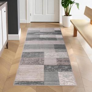 Superior Rockwood Modern Geometric Washable Indoor Runner Rug, Machine Washable Rugs, for Bedroom, Living Room, Dining, Kitchen Floors, Flexible Cotton Backing, Easy Clean, 2′ 7″ x 6′, Blue – Taupe(Blue-taupe)