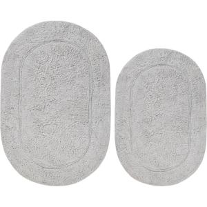 Superior Non-Slip 2 Piece Bath Rug Set, Ultra Plush, Soft and Absorbent 100% Combed Cotton Pile – Traditional Oval Bath Mat Set, Plum(Silver – Oval)