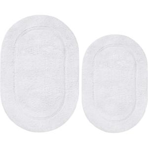 Superior Non-Slip 2 Piece Bath Rug Set, Ultra Plush, Soft and Absorbent 100% Combed Cotton Pile – Traditional Oval Bath Mat Set, Plum(White – Oval)